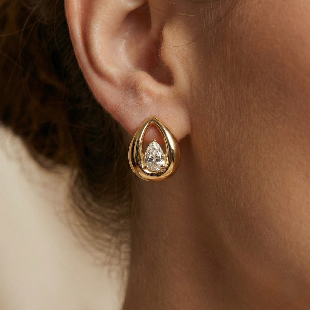 Gold Pear Shape Zirconia Stud Earring