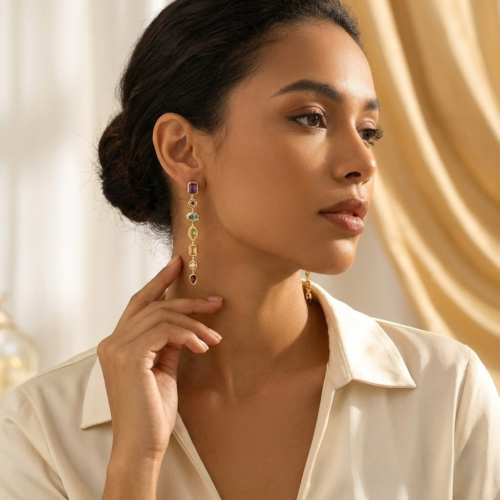 Vibrant Multicolor Stone Long Drop Earrings.