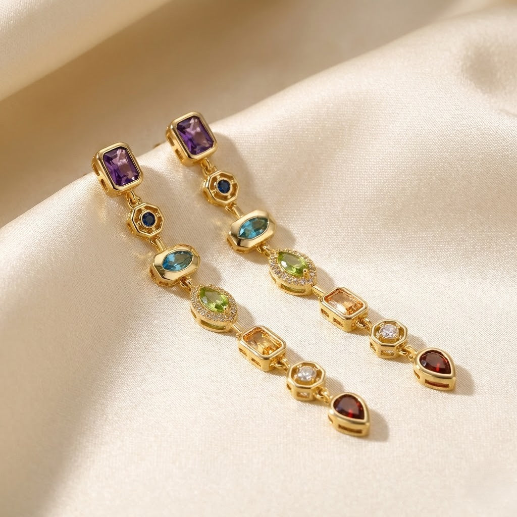 Vibrant Multicolor Stone Long Drop Earrings.