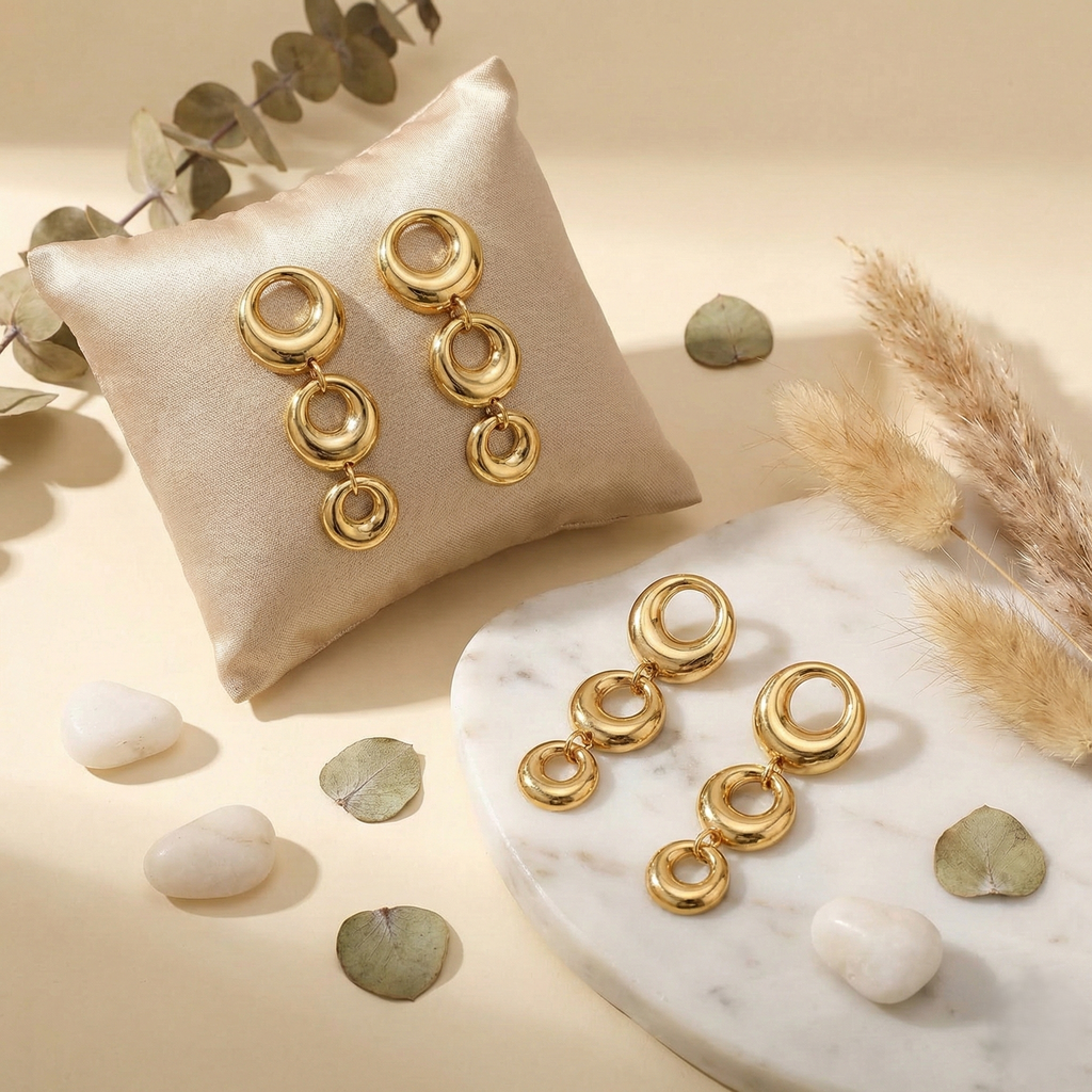 Triple-linked circular drop with a high-shine finish.