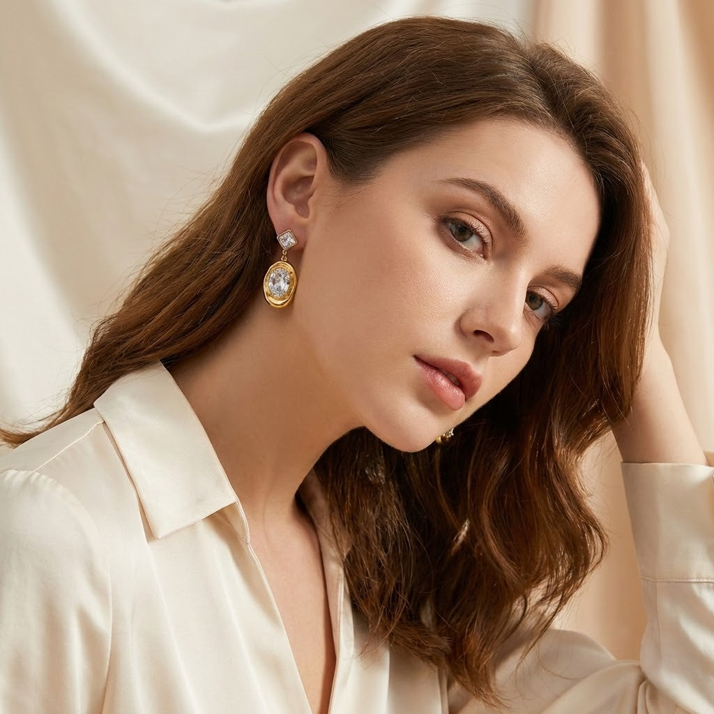 Gold-Plated Crystal Oval Drop Earrings