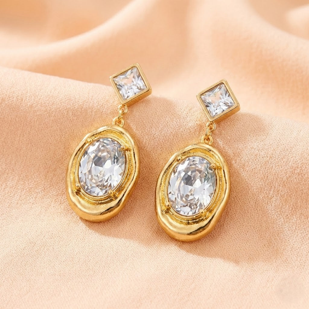 Gold-Plated Crystal Oval Drop Earrings