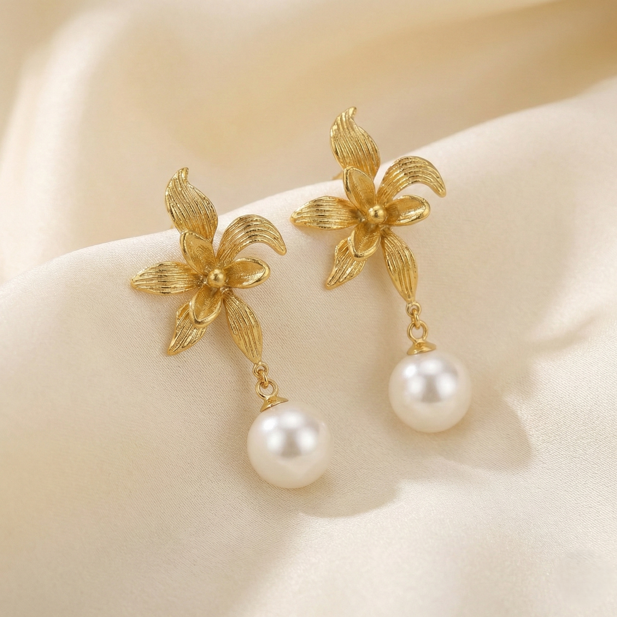 Golden Lily Pearl Drop Earrings
