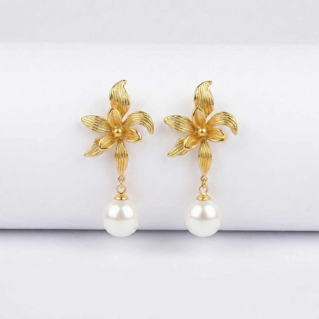 Golden Lily Pearl Drop Earrings