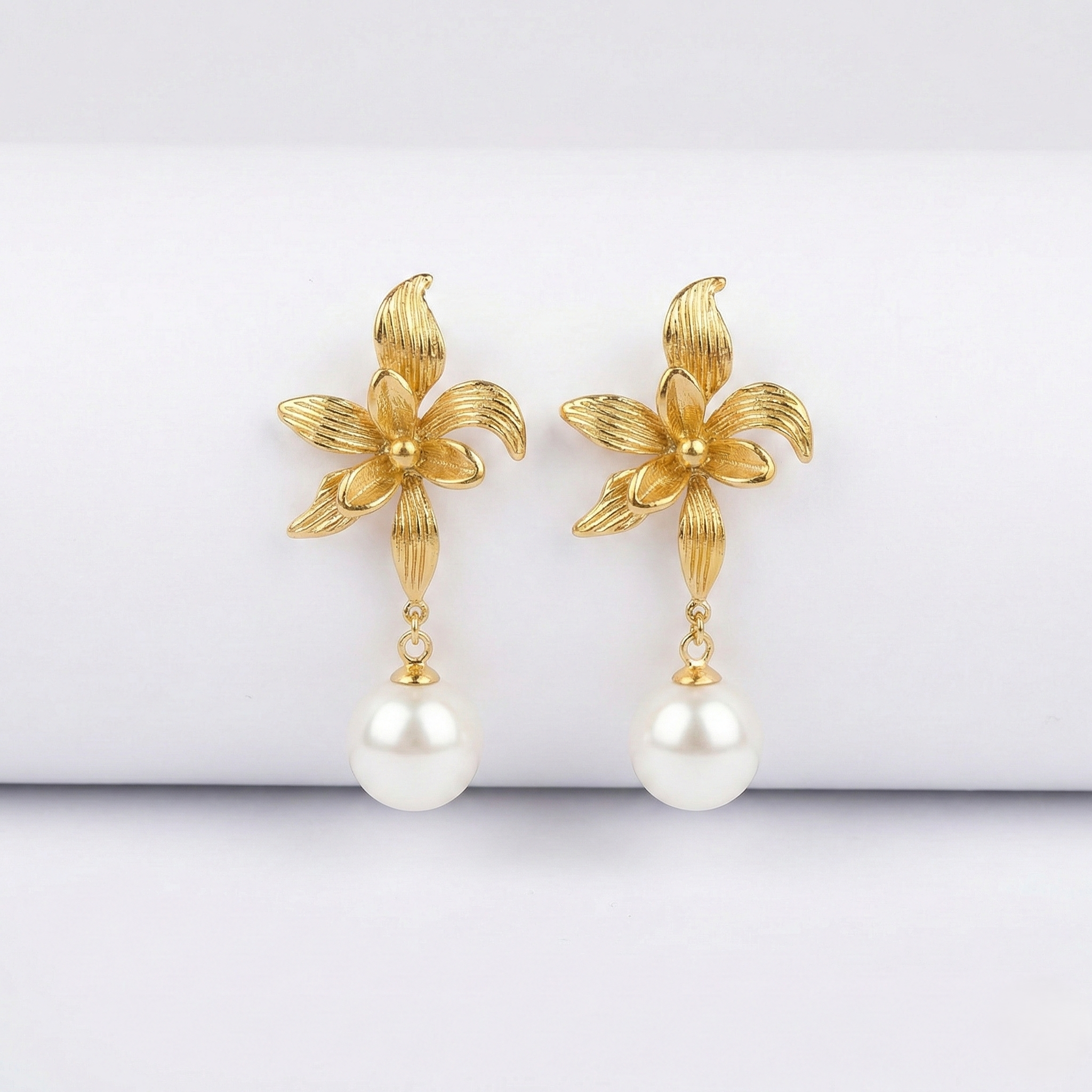Golden Lily Pearl Drop Earrings