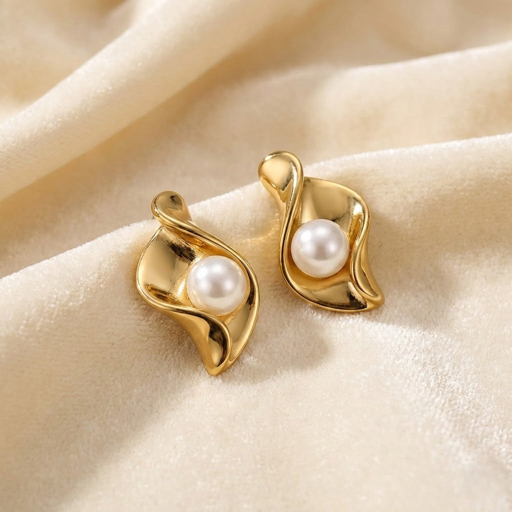 Petal Curve Pearl Earrings in Polished Gold Finish