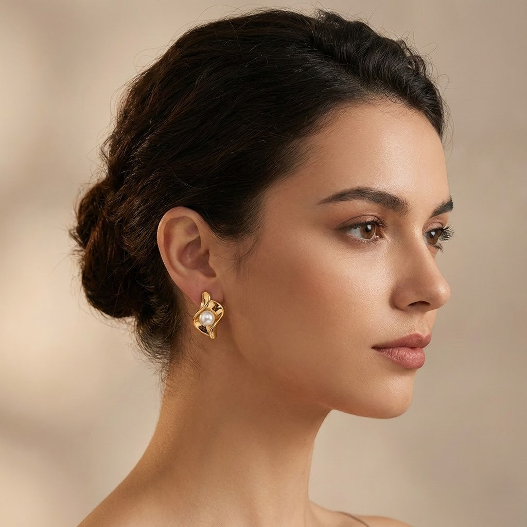 Petal Curve Pearl Earrings in Polished Gold Finish
