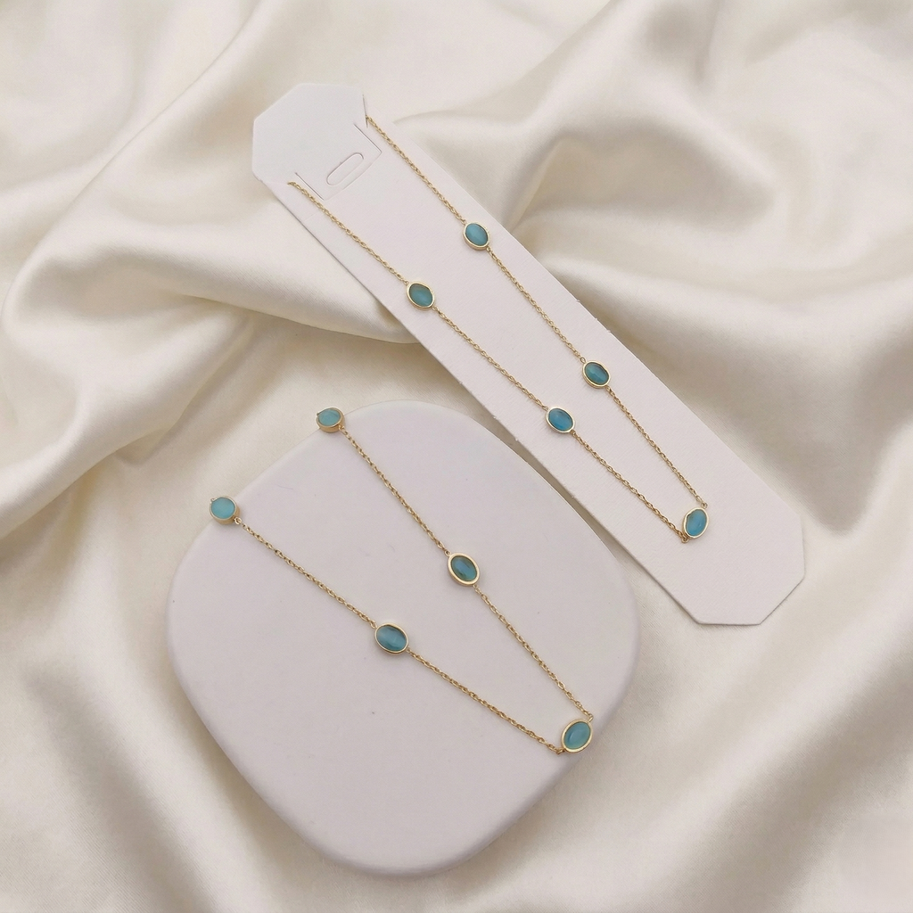 Gold Aqua Blue Stone Station Necklace
