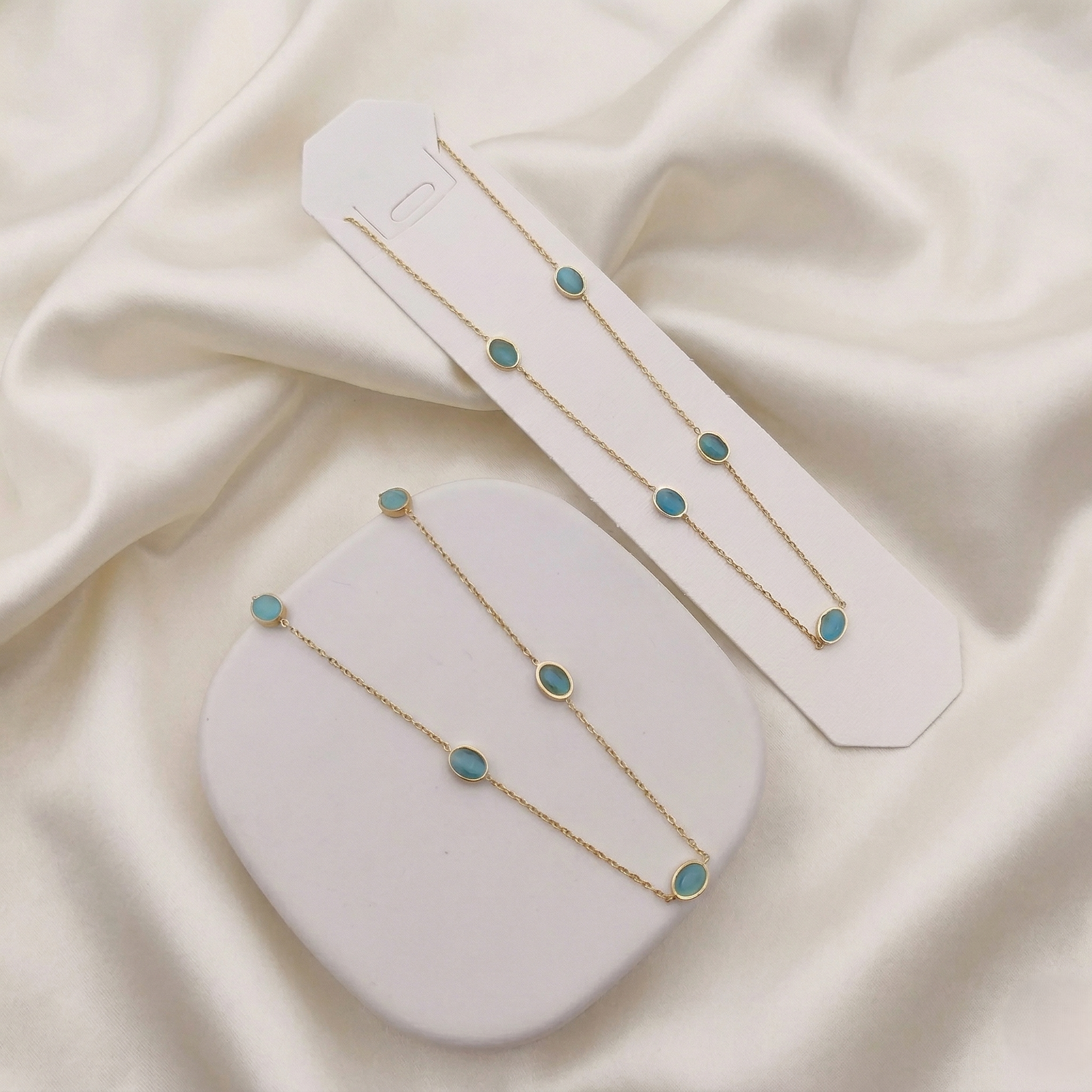 Gold Aqua Blue Stone Station Necklace