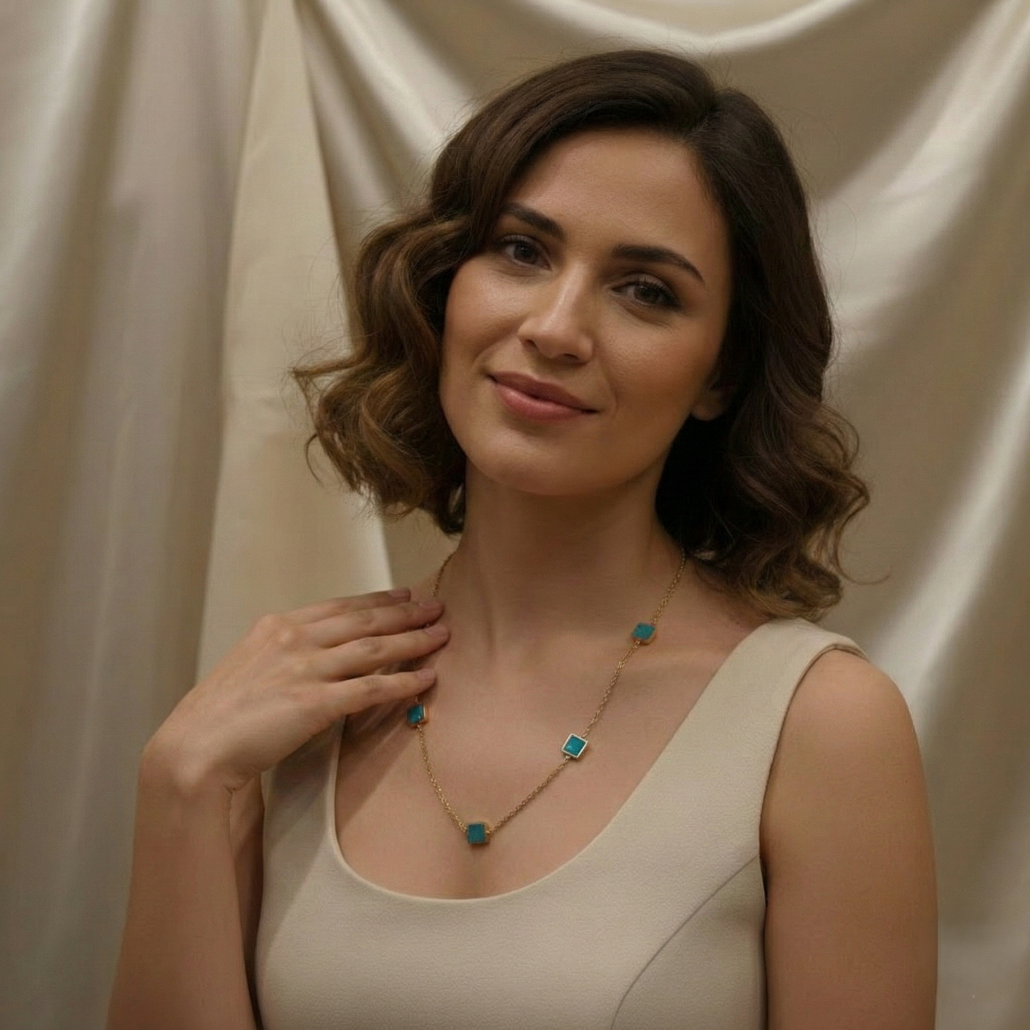 Gold-Plated Square Cut Green stone Necklace