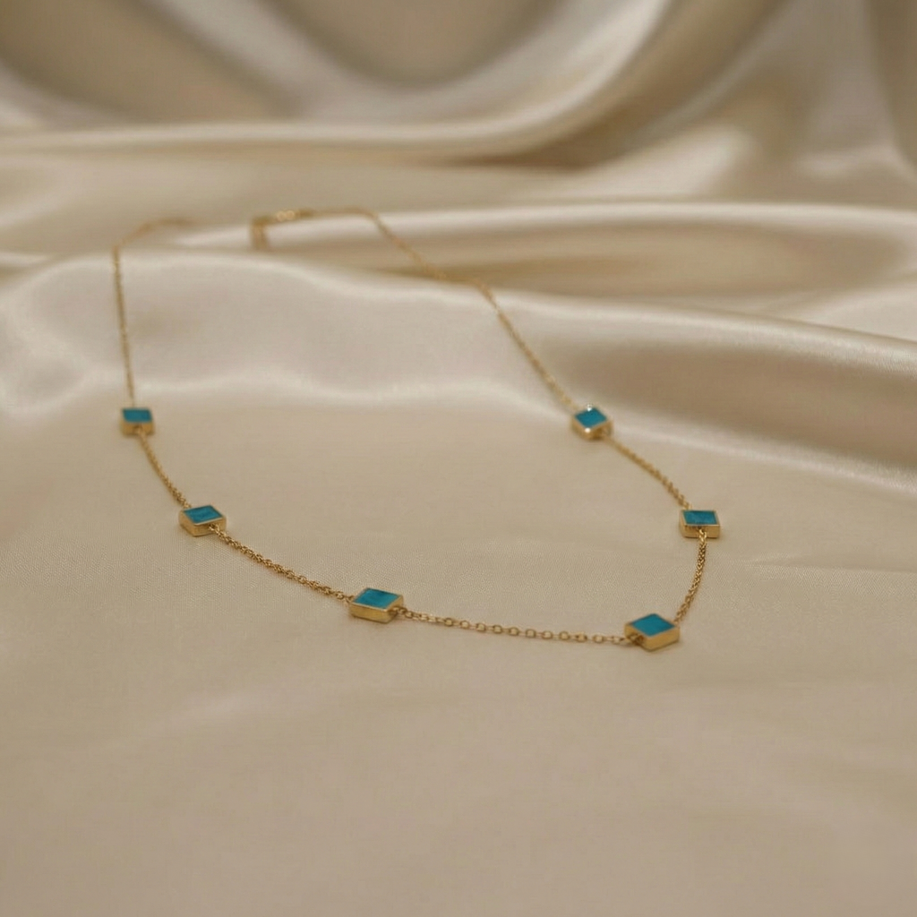 Gold-Plated Square Cut Green stone Necklace