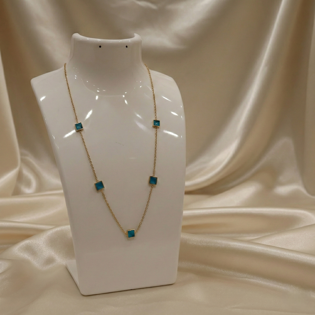 Gold-Plated Square Cut Green stone Necklace