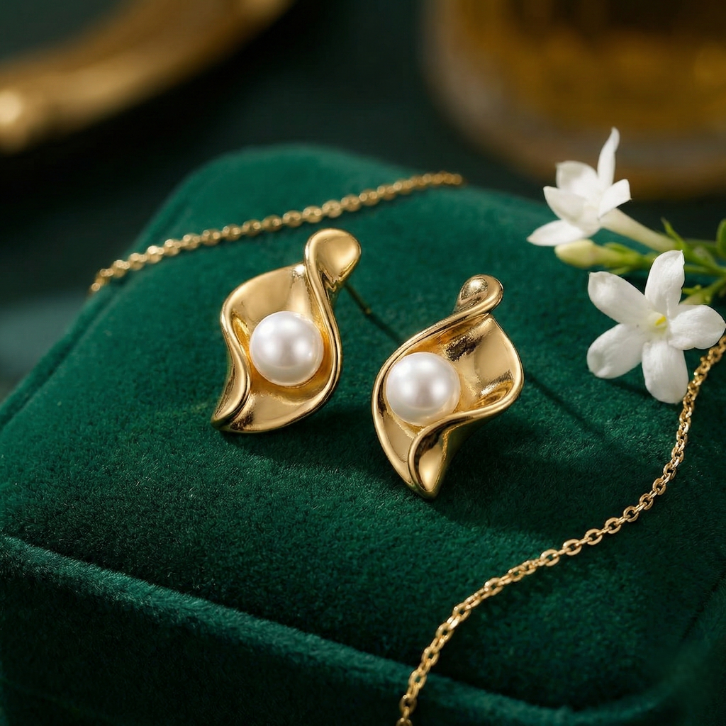 Petal Curve Pearl Earrings in Polished Gold Finish