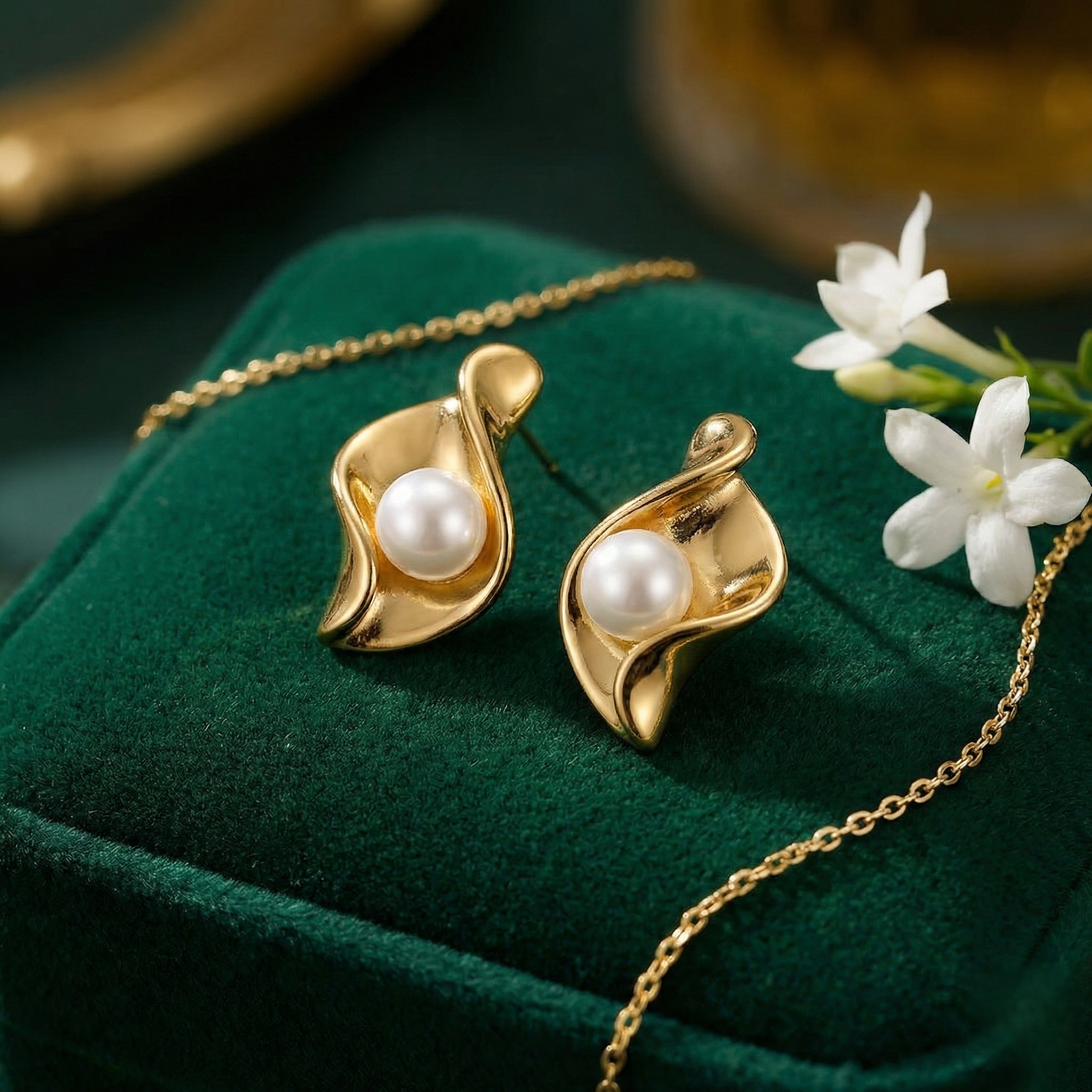 Petal Curve Pearl Earrings in Polished Gold Finish