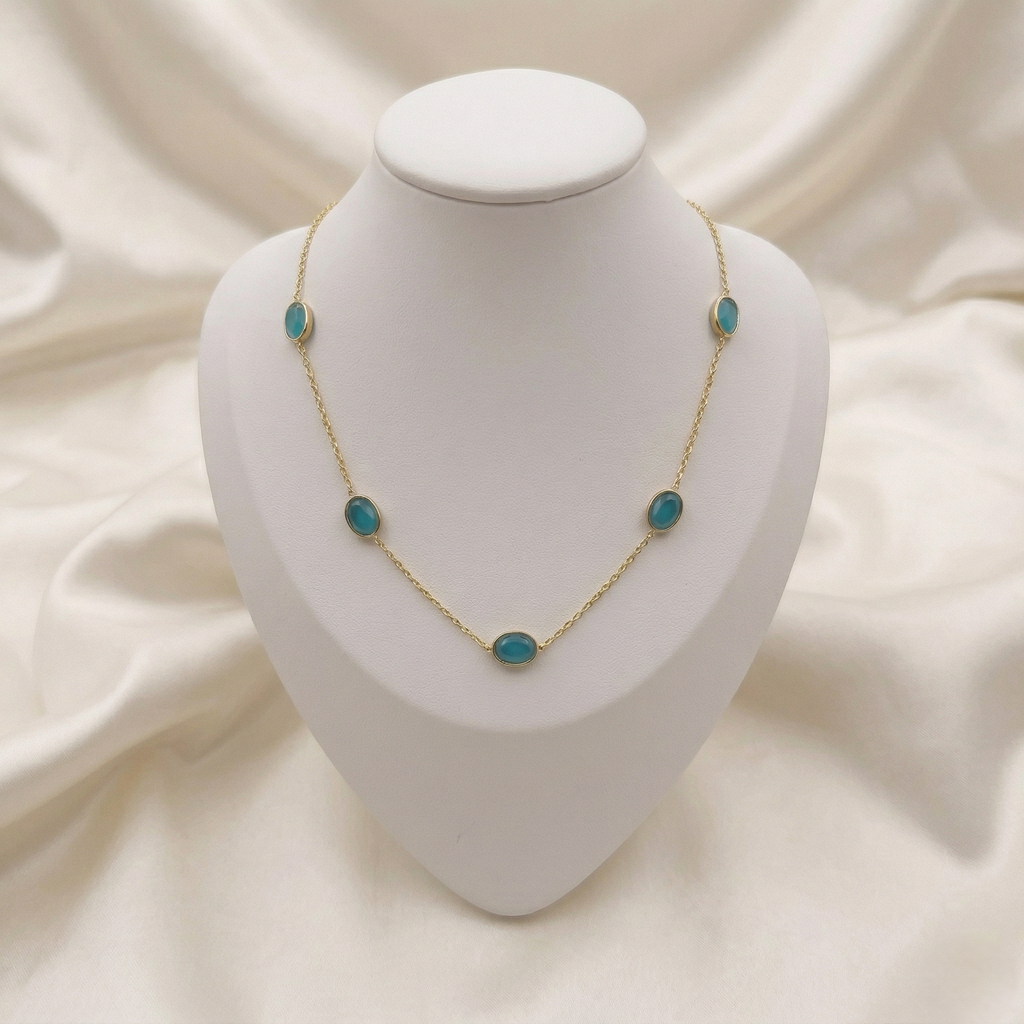 Gold Aqua Blue Stone Station Necklace