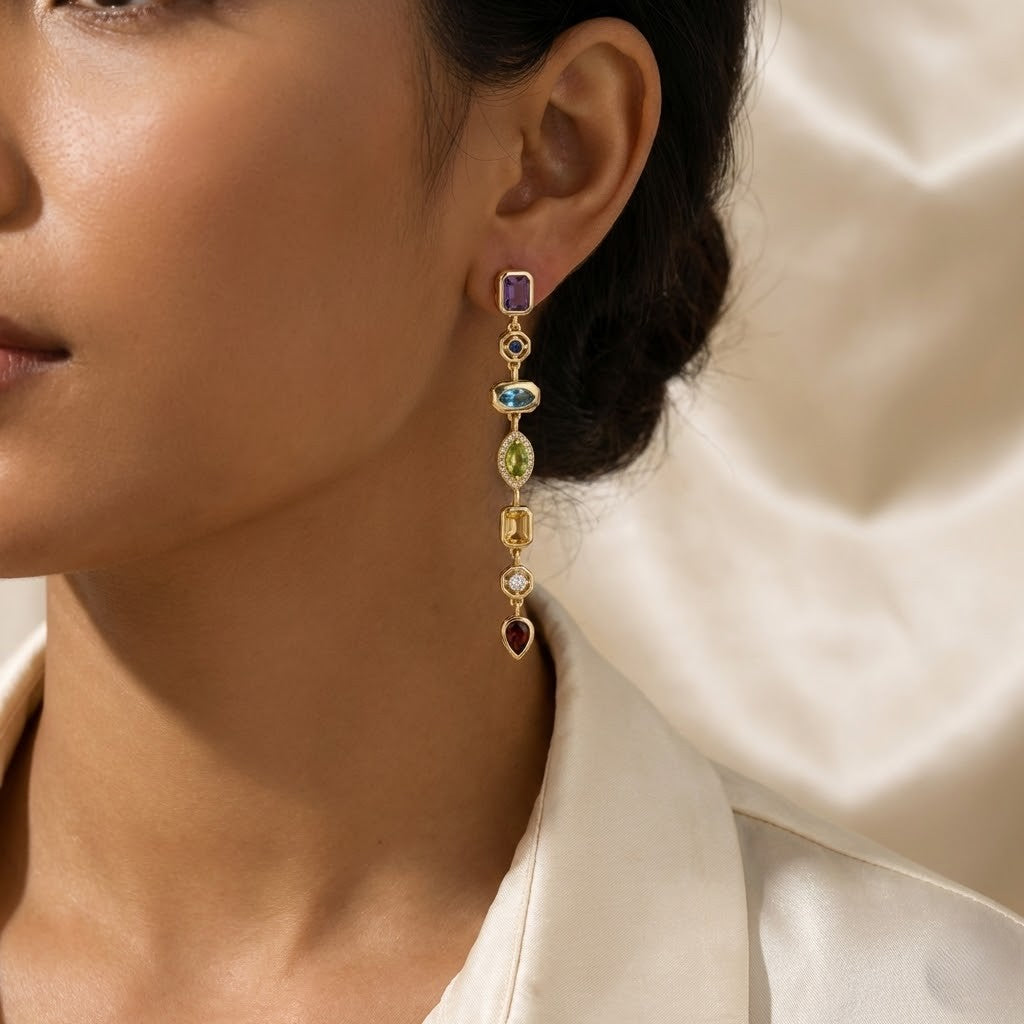 Vibrant Multicolor Stone Long Drop Earrings.