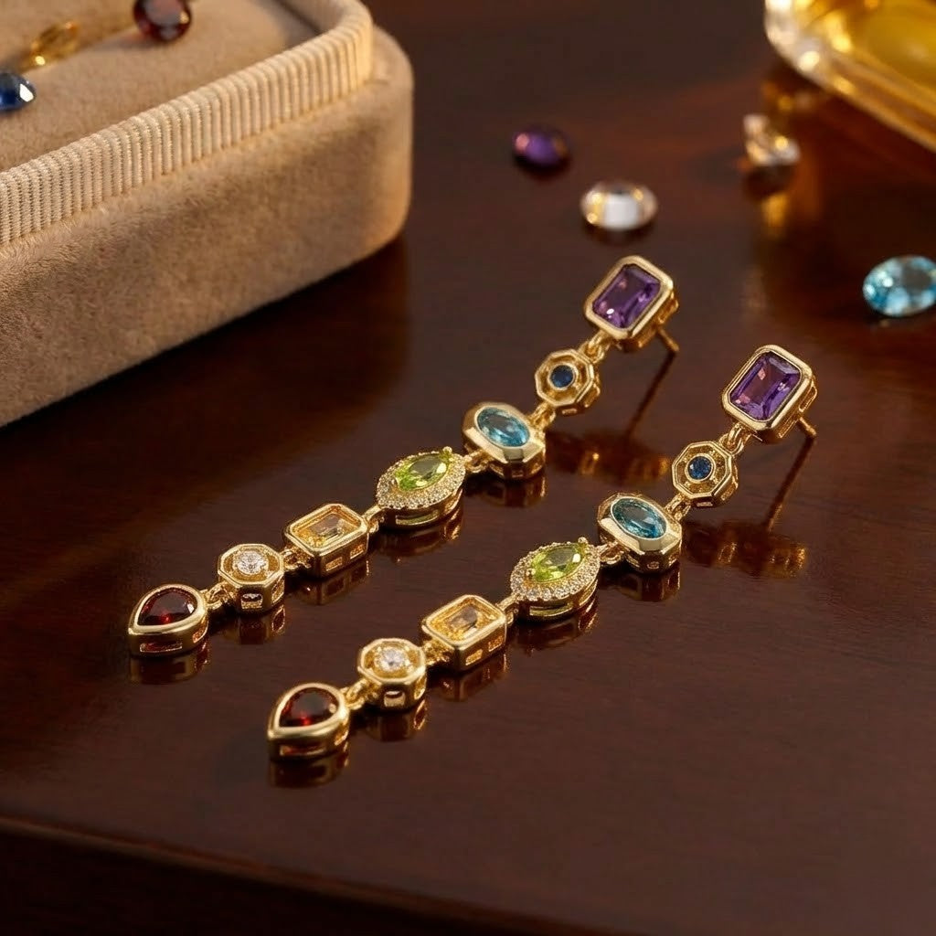 Vibrant Multicolor Stone Long Drop Earrings.